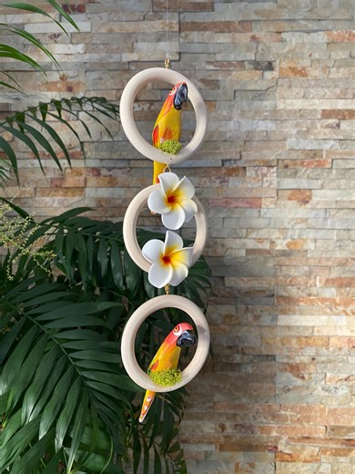 Handmade Tropical Bird Decor, Wooden Hoop Ornament, Coastal Tiki Bar Accent - Etsy
