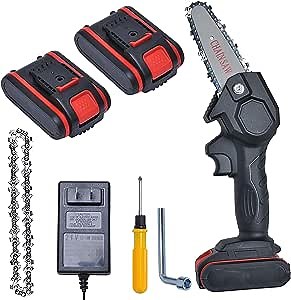 Mini Chainsaw 4 Inch 24V Portable Cordless Battery Chainsaw, One-Handed Rechargeable Electric Chainsaw, Adjustable Cutting Speed for Wood Cutting, Tree Pruning, Garden(2 Batteries, 1 Chains)