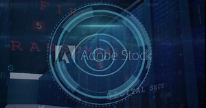 Animation of data processing and scope with eye icon over computer servers Stock Video