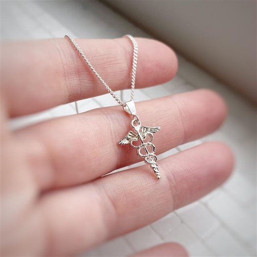 Caduceus Charm Necklace in Solid Sterling Silver (or Charm Only) - Snakes Wings Rod Pendant Medicine Symbol - Etsy