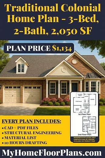 Traditional Colonial Home Plan - 3 Bed, 2 Bath, 2,050 SF