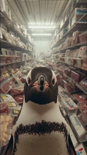 extreme close up shot of a lone penguin in an industrial sized freezer filled with different frozen