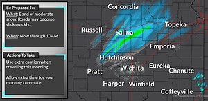 [7:40 AM] ... A band of moderate snowfall continues to move across the area this morning. A quick burst of up to an inch of snow is possible, and road conditions may deteriorate quickly. Allow for extra time on your morning commute if traveling north of Wichita on I-135, or along I-70. | US National Weather Service Wichita Kansas