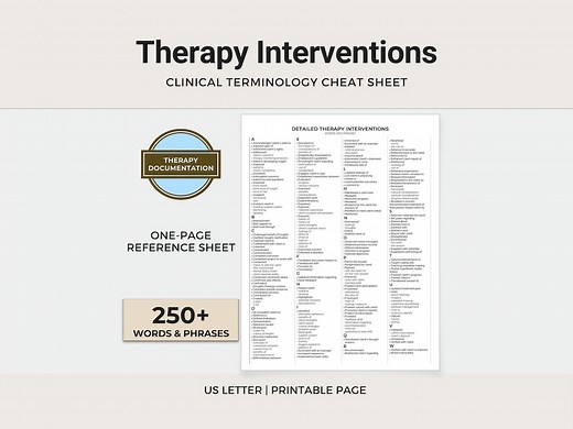 Therapy Interventions List, Clinical Terms Cheat Sheet, Progress Note Reference (printable PDF) - Etsy