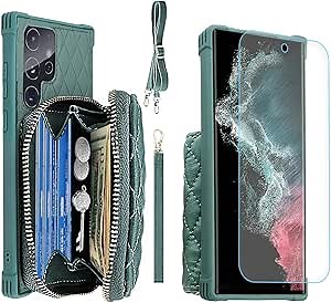 MONASAY Zipper Wallet Case Fit for Galaxy S22 Ultra 5G, [Screen Protector ][RFID Blocking] Flip Leather Handbag Phone Cover with Card Holder and Crossbody Shoulder Lanyard Strap, Light Green