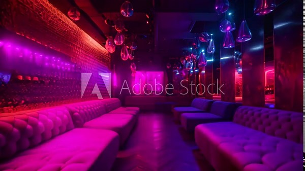 Interior of night club bar with sofas and lights. A decorated night club with stylish couches and colorful cocktail tables, AI Generated