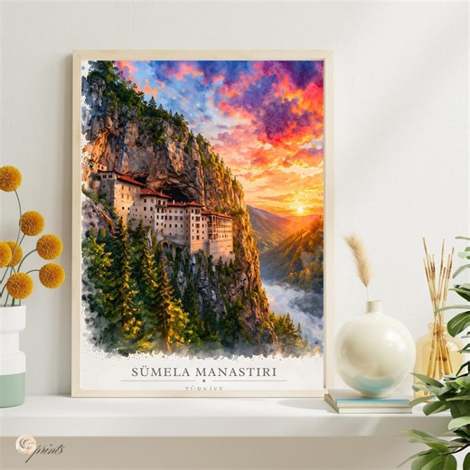 Sumela Monastery Print, Turkey Wall Art, Trabzon Travel Poster, Cliffside Landscape, Turkish Landmark Decor, Watercolor Sunset Gift - Etsy