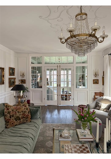 A flipper took out the original French doors here to make it open concept, so we decided to add them back with our own spin on it! The room never look right being completely open like that, but I also didn’t want to lose all the beautiful natural light… so we have our window wall/transom and French doors! #nancymeyersaesthetic #cozyathome #traditionalhome #classicinteriors @The Home Depot @FEW MODA