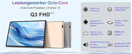 FACETEL Tablet 10 Zoll Android 13 Tablet mit 5G WiFi Octa-Core 2.0GHz Prozessor Ultraschnelles Tablet PC mit 14GB RAM + 128GB ROM TF 1TB | 8000mAh | FHD | 5MP+8MP, Tablet mit Tastatur Maus - Gold