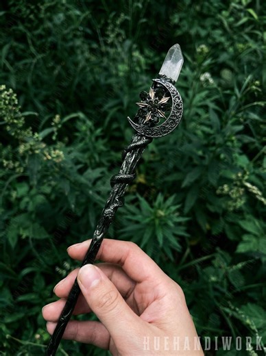 Dark Moon Serpent Magic Wand, Black Sandalwood & Raw Crystal, Gothic Witch Altar Tool - Etsy