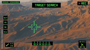 Viewfinder of a military helicopter / plane looking for a target to shoot and bomb. Desert area.