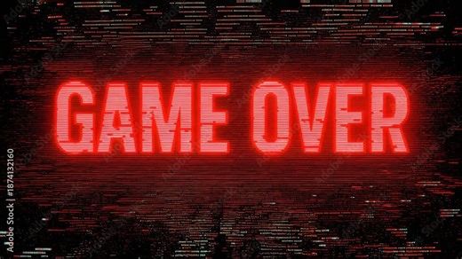 Game over message displaying with neon red light and glitch screen video game static.