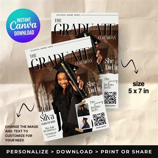 Magazine Style Graduation Invitation, Modern Grad Announcement, Printable College & High School Party Invite, Class of 2025, Canva Editable - Etsy