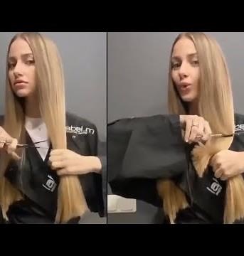 Beautiful Model Cuts off Her Own Super Long Hair at Hair Salon