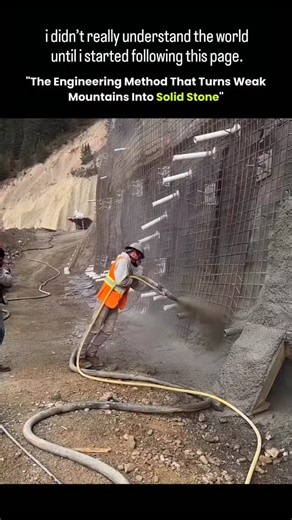 Sᴜᴍɪᴛ on Instagram: "Engineers aren’t carving these mountains down — they’re rebuilding them layer by layer using artificial rock engineering. This technique is known as slope reinforcement with artificial rock layering. Instead of cutting into unstable mountainsides, engineers apply high-pressure concrete over steel mesh anchored deep into the slope. The concrete is sprayed in controlled layers, mimicking the thickness, texture, and load behavior of natural rock strata. Each layer bonds to the