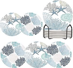 Nautical Coastal Coasters for Drinks Set of 6,Round Absorbent Ceramic Stone Coaster with Metal Holder Stand,Beach Ocean Themed Blue Coasters with Cork Base for Coffee Table,Party,Kitchen,Gifts