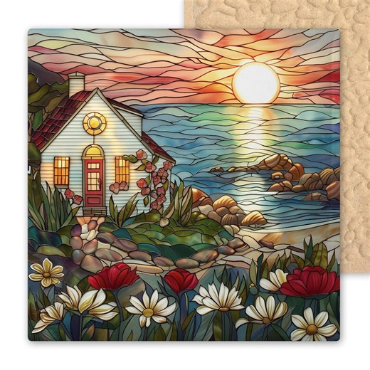 Coastal Cottage Sunset Ceramic Tile: Stained Glass Seascape Wall Art for Beach Home Decor - Etsy