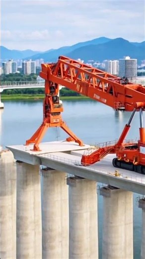 Engineers use a launching gantry to place heavy bridge segments precisely on the piers.