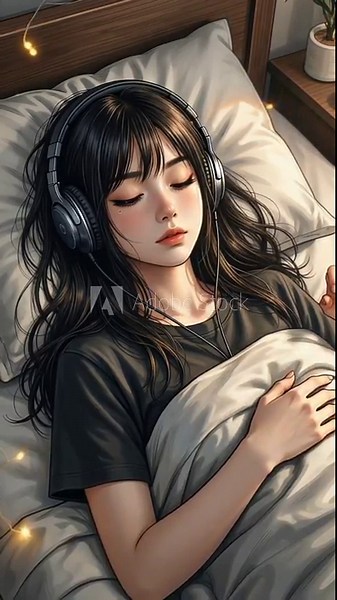 Lo-Fi Anime Girl Lying on Bed Listening to Music with Headphones in Cozy Room with Fairy Lights Loop