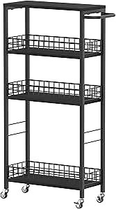 Slim Storage Cart 4 Tier Rolling Kitchen Cart Utility Serving Cart Laundry Room Narrow Cart with Handle Mobile Sheving Unit Organizer Wood Rolling Storage Cart for Bathroom Small Spaces, Modern Black