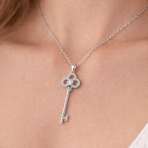 Sterling Silver Key Pendant Necklace With Zircon Stones, Elegant Love Charm - Etsy Canada