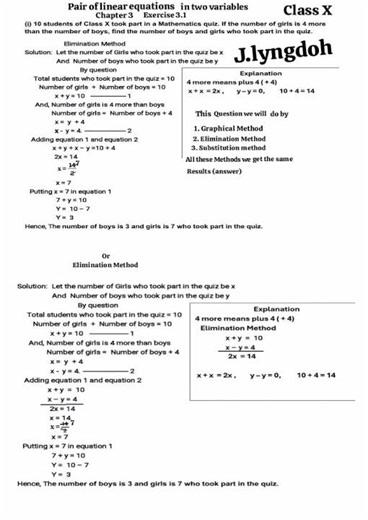 Exercise 3.1 Question 1(i)by Elimination Method Cl X Maths Chapter 3 Pair of Linear EQn in 2 variab