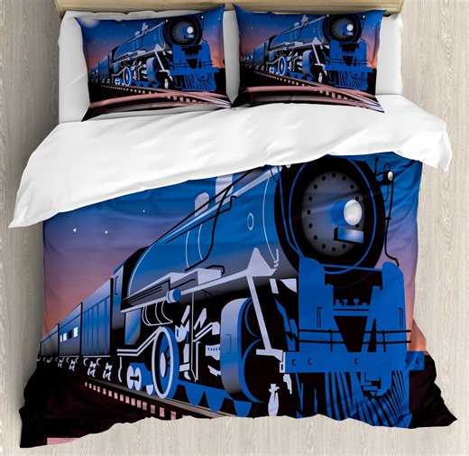 Train Duvet Cover Set Queen Size, Old Fashion Vehicle Coming from Horizon in Twilight Full Moon and Stars Graphic, Decorative 3 Piece Bedding Set with 2 Pillow Shams, Multicolor, by Ambesonne