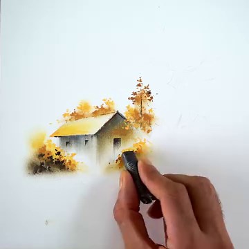360K views · 19K reactions | Draw a simple oil pastel scenery with trees, bushes and a small house near river | Morning Drizzle | Facebook