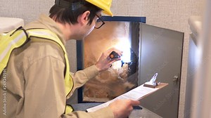 Building inspector using a flashlight to check the insulation and pipes of a building.
