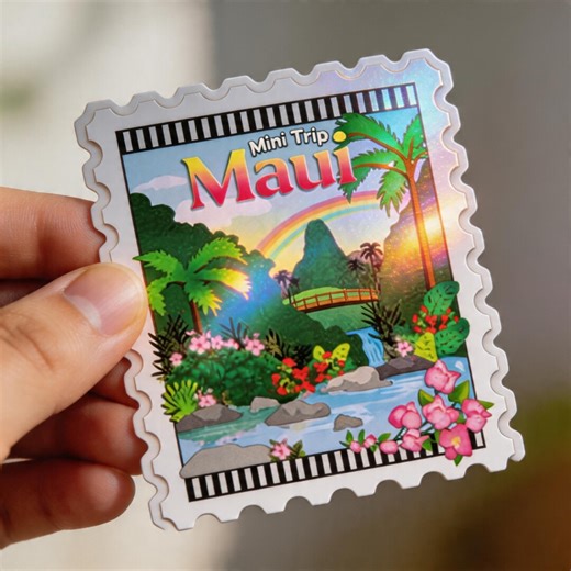 Maui Hawaii Travel Sticker, Retro Postage Stamp Vinyl Decal, Tropical Rainbow Island Souvenir, Custom Name Option - Etsy