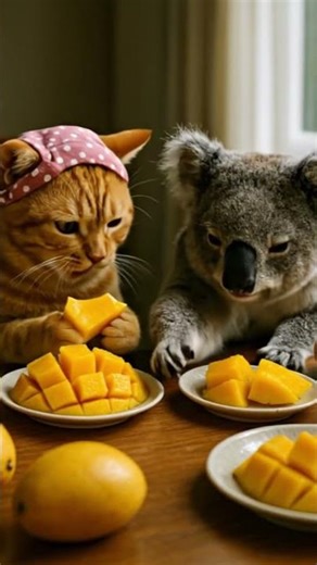Cats vs. Koala 🥭 Who’s the Mango Master? #koala #mango #asmr #funnyanimals
