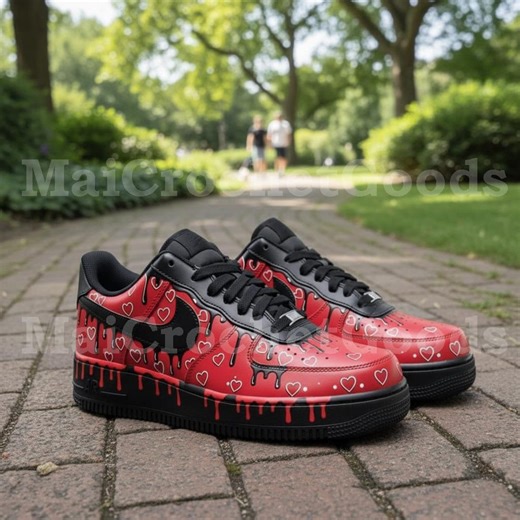 Custom Air Force 1 Valentine Shoes, Red and Black AF1 With Heart Drip Design, Hand Painted Sneakers - Etsy
