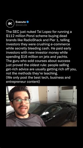 Execute | The SEC charged Tai Lopez with running a $112 million Ponzi scheme, targeting deceased brands like RadioShack and Pier 1 while misleading... | Instagram