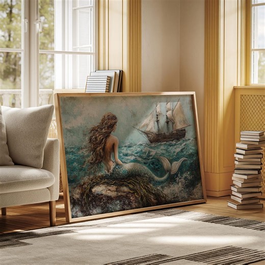Mystical Mermaid Canvas Art - Nautical Ocean Scene, Ship Sailing at Sea, Fantasy Wall Decor, Coastal Mermaid Painting - Etsy