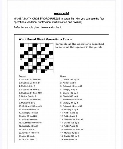 Make a math crossword puzzle using the four operations: additio... | Filo