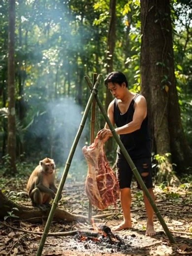 Cooking a Giant Beef in the Deep Jungle | Survival Cooking with a Monkey