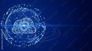 This digital representation highlights a secure cloud computing environment overlaying a global network, symbolizing robust cybersecurity and cloud technology. Animation 4k, 3d rendering Stock Video