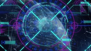 Animation of interface with round scanner and data processing against globe of plexus networks. Global networking and business interface technology concept