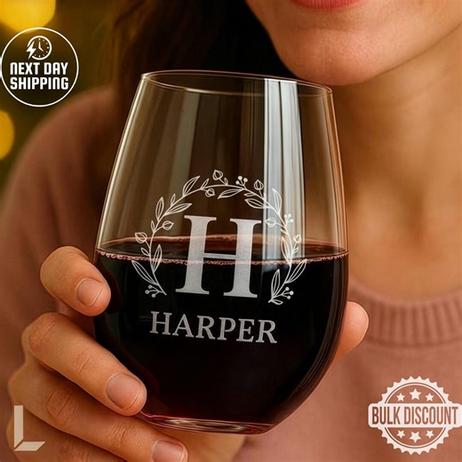 Personalized Stemless Wine Glass, Custom Engraved Wine Glass, Wedding Gift for Bridesmaid, Monogrammed Glassware, Custom Logo Glass Gift - Etsy