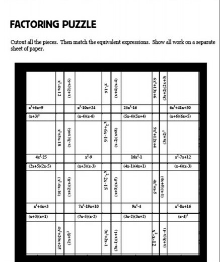 FACTORING PUZZLECutout all the pieces. Then match the equival... | Filo