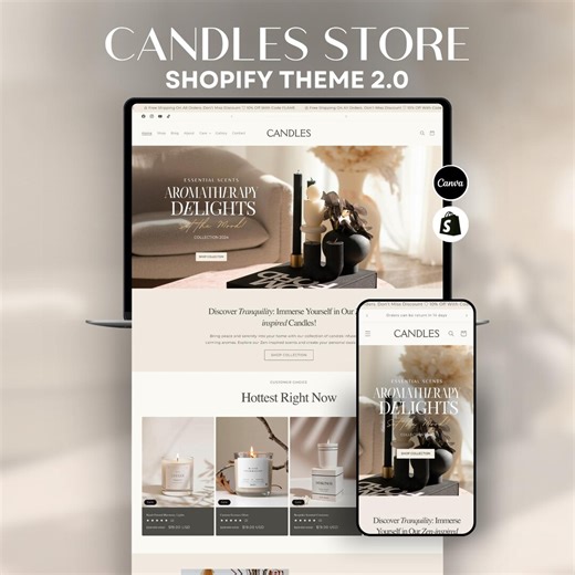 Candle Store Shopify Theme 2.0 | Beige & White Minimal Website Template | Modern Clean Shopify Design   Editable Canva Templates - Etsy