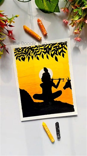 🦚 Easy Krishna Silhouette Drawing with Oil Pastels 🌅✨ | Beginner Friendly #shorts