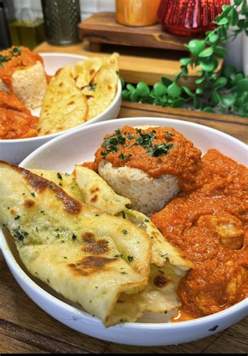 butter chicken and naan is one of my favorite comfort meals🍗🍅🧈flavorful, creamy sauce with tender chicken and buttery, homemade naan- so warm & cozy! for full step-by-step recipe, visit my link in bio! Chicken / Sauce: - 1 lb chicken breast - 1/3 cup plain Greek yogurt - 2 1/2 tsp paprika - 2 tsp salt - 3 tsp ginger paste - 1 tsp turmeric - 4 tsp garam masala - 1 1/2 tsp cumin - 2 Tbsp olive oil - 1/2 yellow onion, diced - 5 cloves garlic, minced - 24 oz tomato sauce - 1/2 cup heavy cream - 1