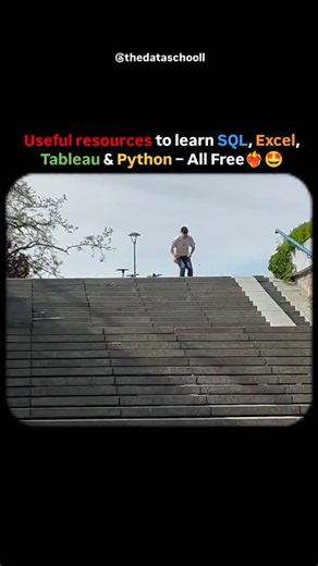 Dataschool on Instagram: "🚀 Kickstart your Data Analytics journey with these free learning resources! Master SQL from scratch, boost your Excel skills for data analysis, create stunning visualizations with Tableau, and dive into Python for Data Science. These full-length courses are perfect for beginners looking to gain hands-on experience and build a strong foundation in analytics. Start learning today, practice with real examples, and level up your skills to become a confident data analyst! �