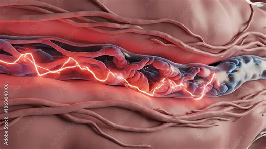 Nociceptor nerve endings embedded in soft tissue, their membranes shimmering as ion channels open in response to a mild stimulus. Sodium particles rush inward like tiny glowing sparks