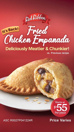 2.9K views · 5.7K reactions | Our Original Empanada is back! Enjoy the fried goodness of our Chicken Empanada, made meatier and chunkier! (vs. previous recipe) Order via:  https://order.redribbon.p  Red Ribbon App: bit.ly/RedRibbonApp  APPS: GrabFood and foodpanda ASC Code Ref. R0027P041224R | Red Ribbon Bakeshop | Facebook