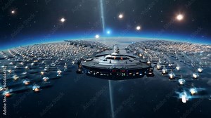 Large Spaceship Surrounded by Countless Smaller Vessels in Orbit Around Alien Planet, Depicting Massive Space Armada and Epic Science Fiction Space Battle Scene