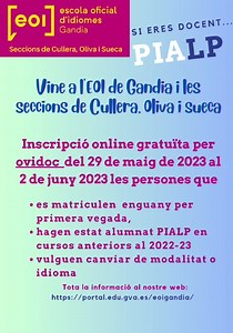 📝 Inscripció en cursos PIALP de francés, anglés i valencià en Ovidoc del 29 de maig al 2 de juny: 👨‍🏫 El PIALP ofereix als docents en actiu dels cossos d’infantil, primària, secundària i formació professional la possibilitat d’accedir a places d’anglés, francés i valencià en els cursos presencials i en línia de les escoles oficials d’idiomes, amb exempció del pagament de la taxa de matrícula. ℹ️ Tota la informació: 🌐 https://portal.edu.gva.es/eoigandia/ | Ajuntament de Sueca