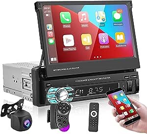 Apple Carplay Single Din Car Stereo with Bluetooth, Rimoody 1 din 7 Inch Touch Screen Car Radio with Android Auto FM Radio TF/USB/AUX Mirror Link Car MP5 Player + Backup Camera Remote Control