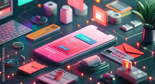 isometric 3d render of a smartphone with a shopping app on the screen, surrounded by various 3d objects